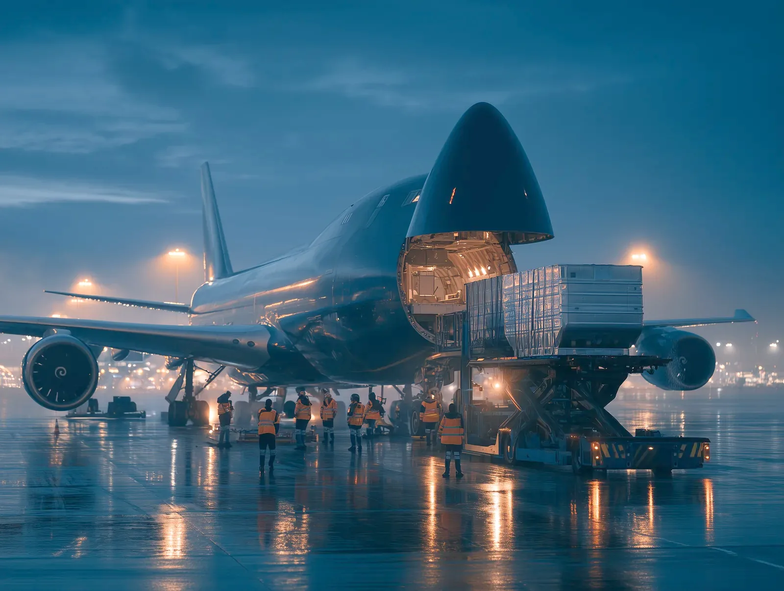 Air cargo container being loaded into a freighter aircraft at dawn