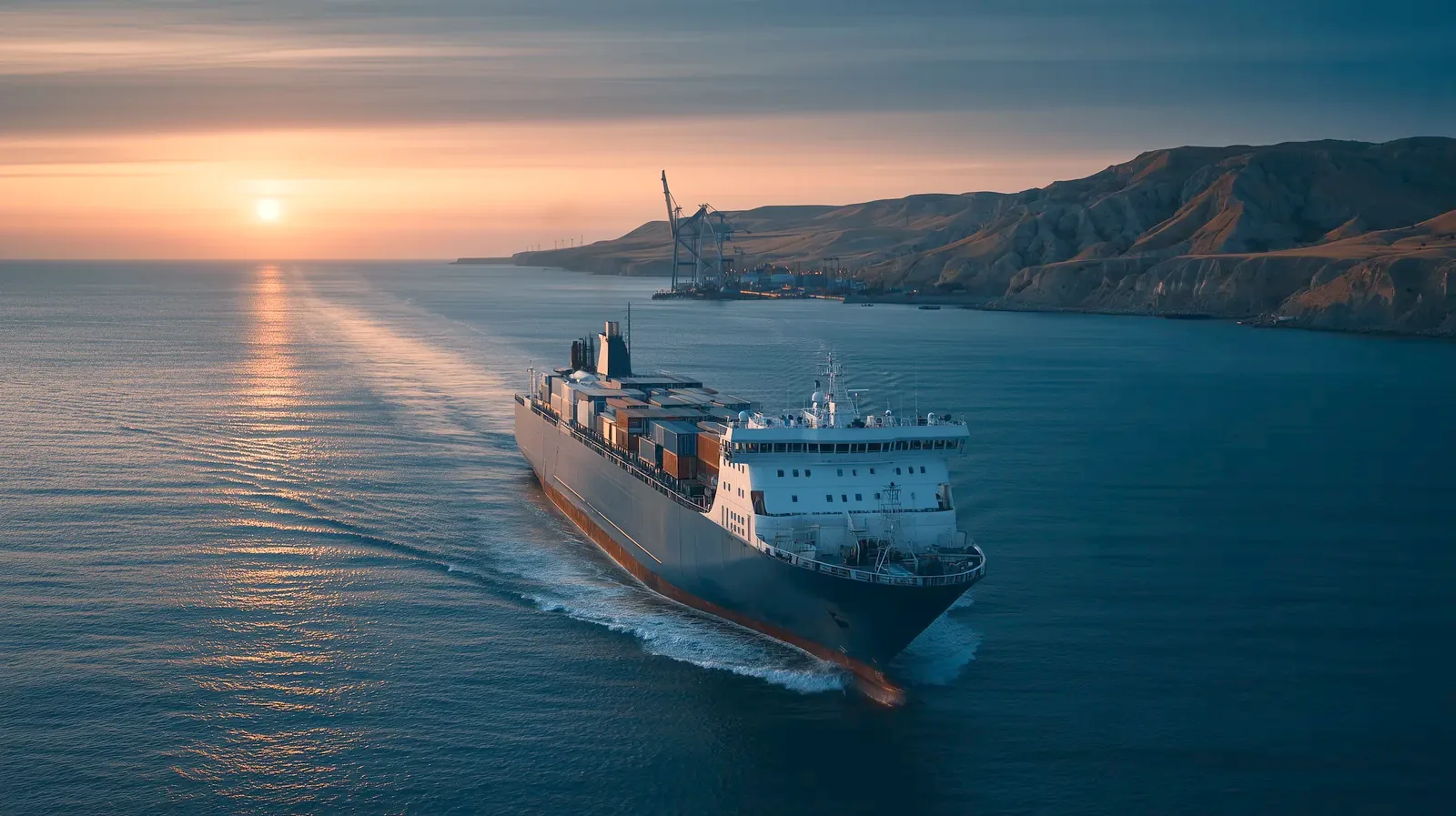Ro-ro ferry carrying trucks across the Caspian Sea at sunset