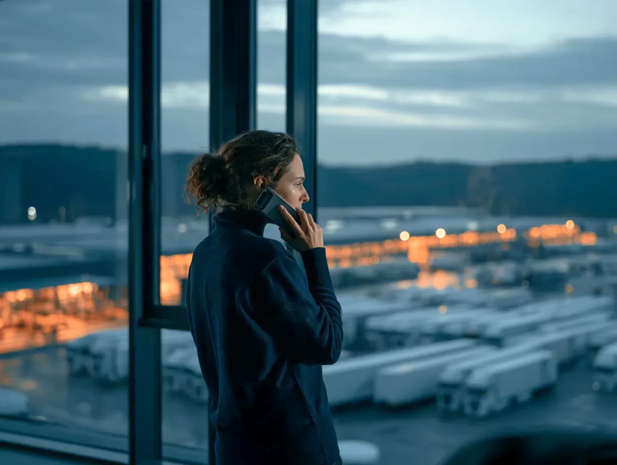 INFOBETA coordinator on the phone overlooking the truck yard