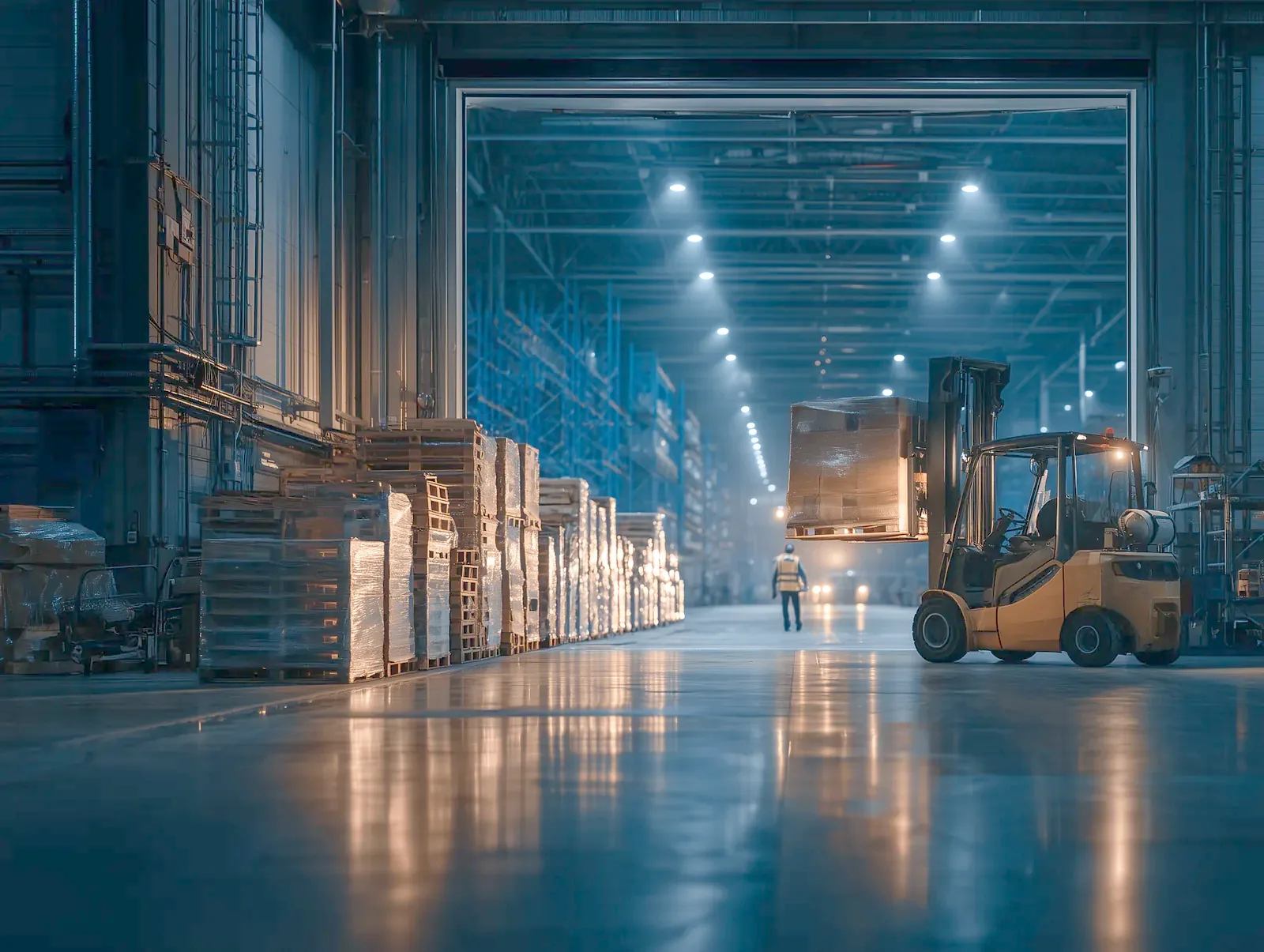 Groupage pallets being consolidated in a warehouse before departure to Central Asia