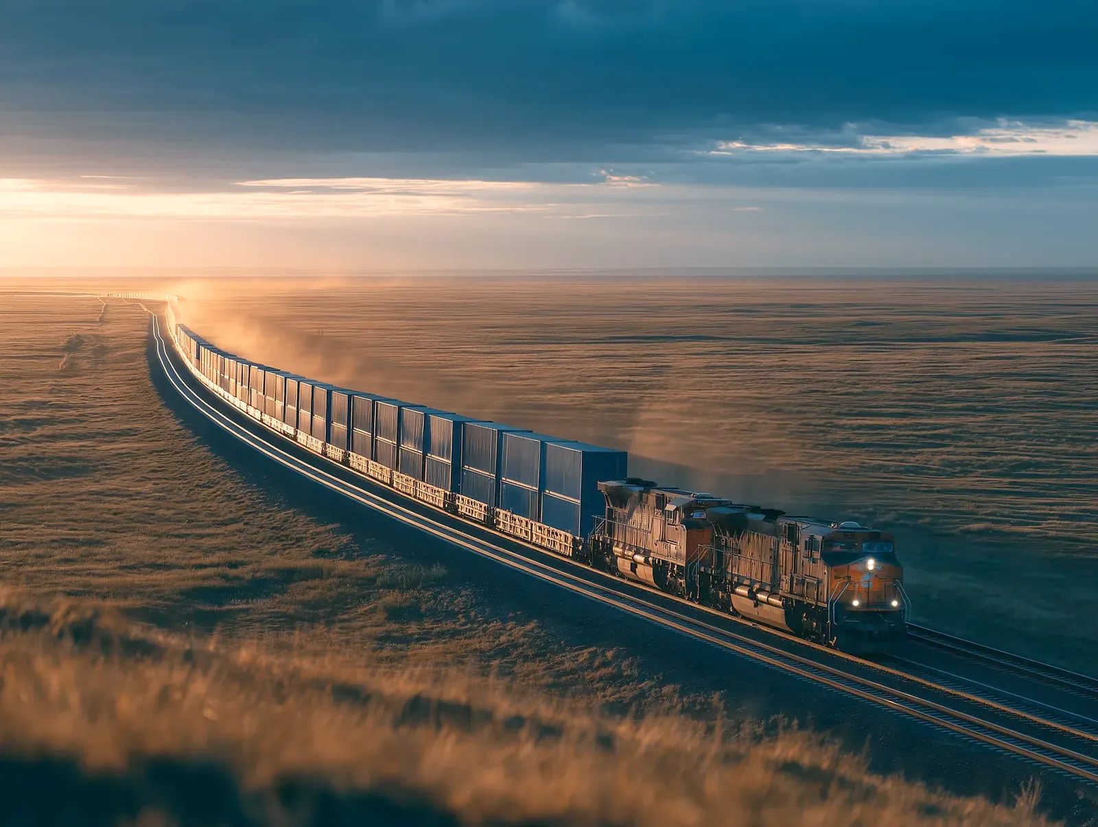 Intermodal container train crossing the Kazakh steppe
