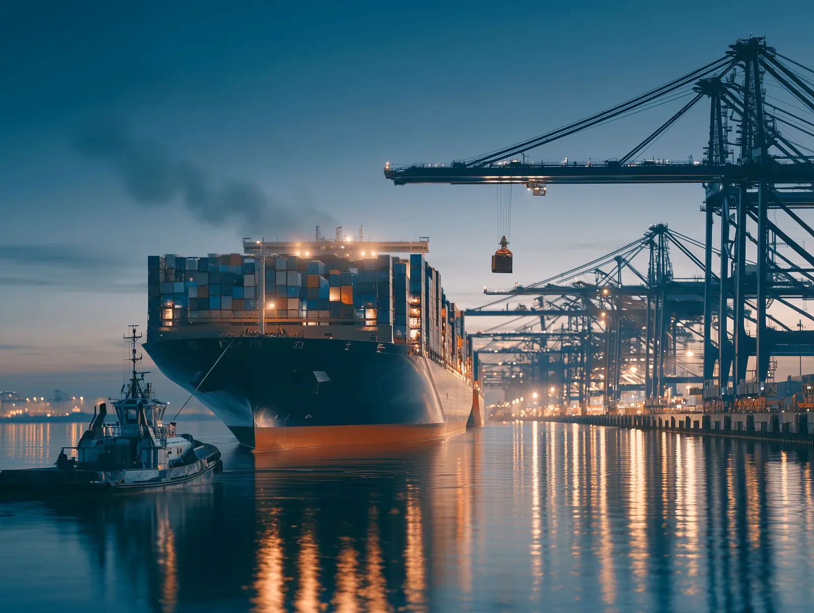 Container ship and gantry cranes at a Baltic Sea port terminal at dusk