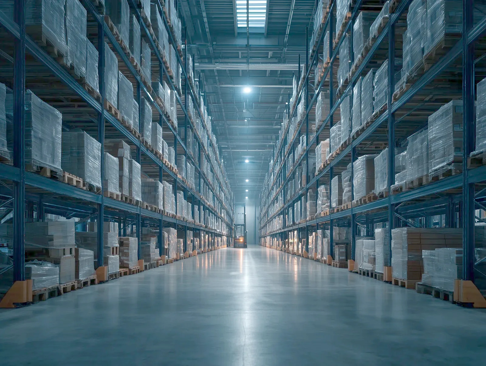 Long aisle of pallet racking in a modern logistics warehouse
